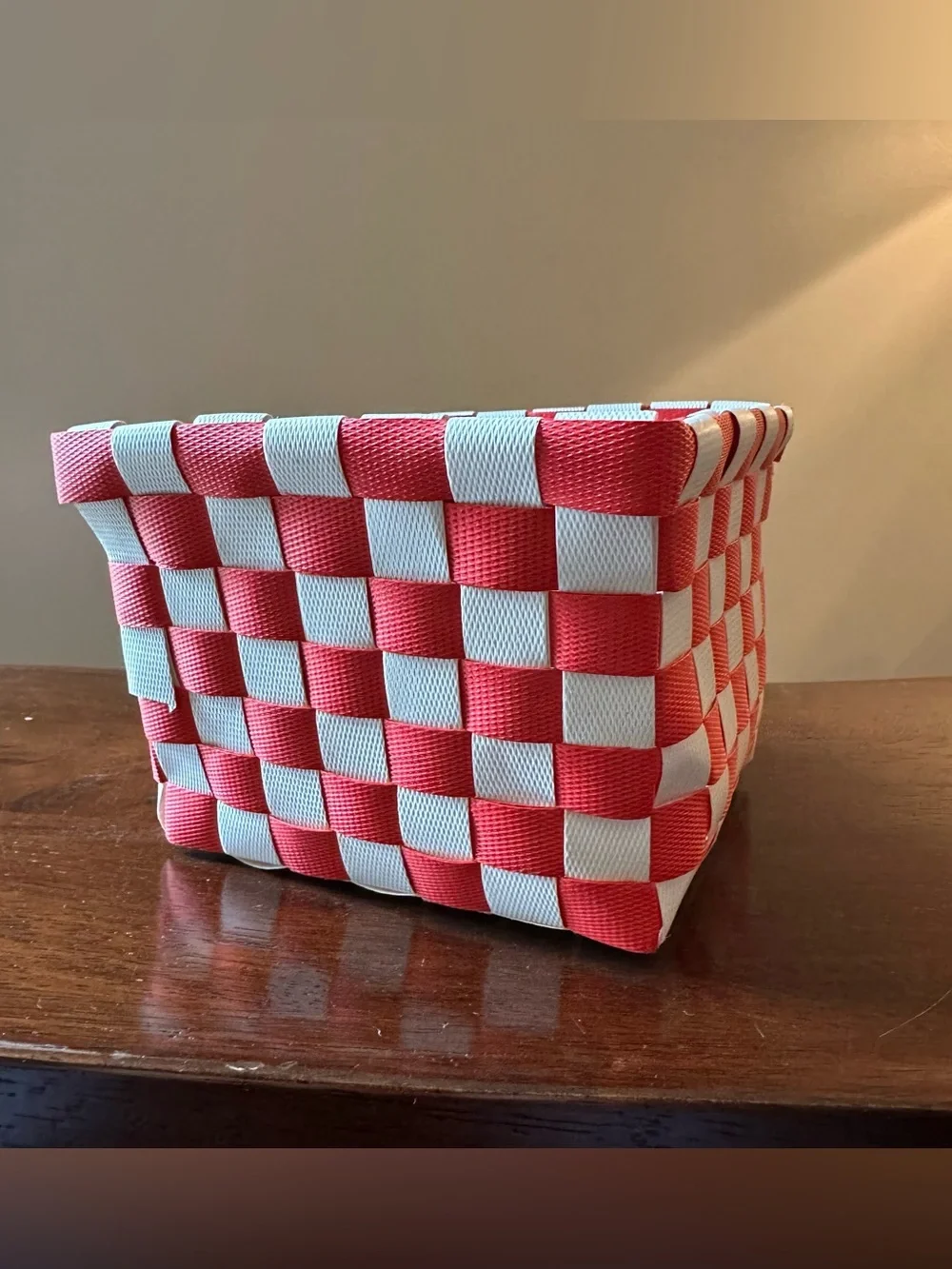 Cute red and white woven basket